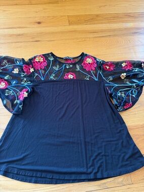 Kim & Cami Black Mesh Top with Pink Floral Embroidery